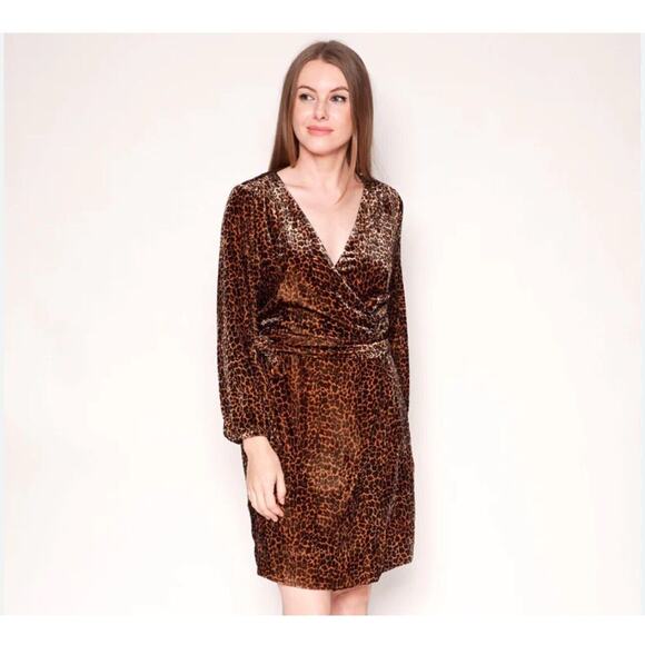 J.Crew Wrap Dress Size 10 Leopard Velvet Velour Long Sleeve Knee Length Mob Wife - Picture 1 of 15
